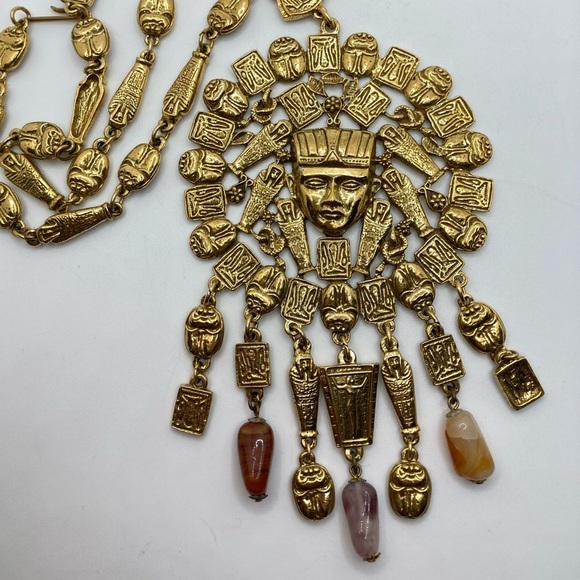 Vtg Goldette Nefertiti Egyptian Gold Tone Medallion w Stones 17” + 7” Drop Rare - Picture 3 of 9